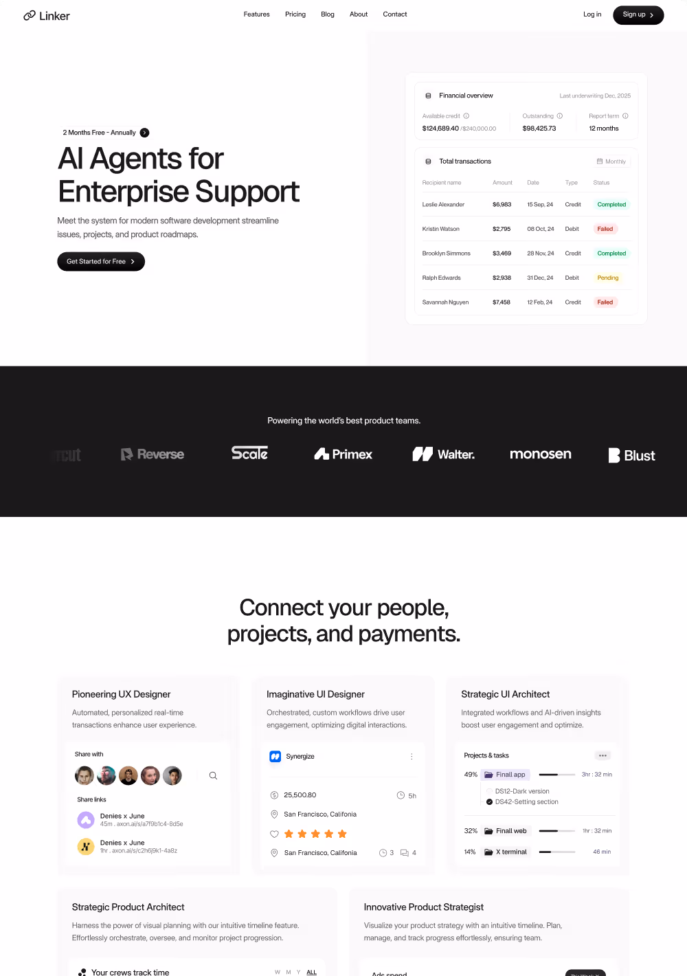 Linker website homepage featuring AI agents for enterprise support, with a dashboard overview of financials and transactions, followed by sections describing user roles and product strategy services.